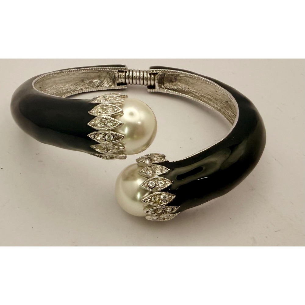 Kenneth Jay Lane Black‎ Enamel Pearl Crystal Bypass Cuff Bracelet